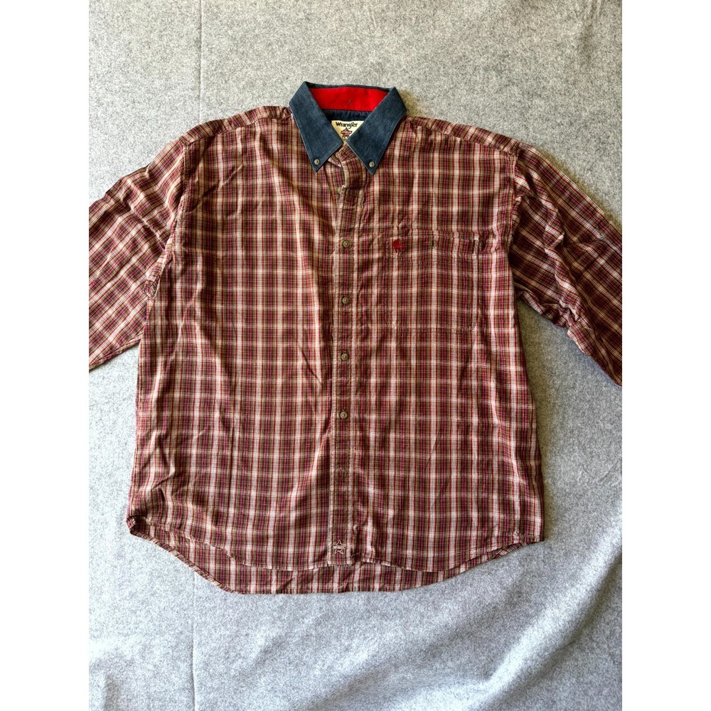 Wrangler Mens PBR Plaid Button Down Shirt XL Red Blue Denim Collar Cotton